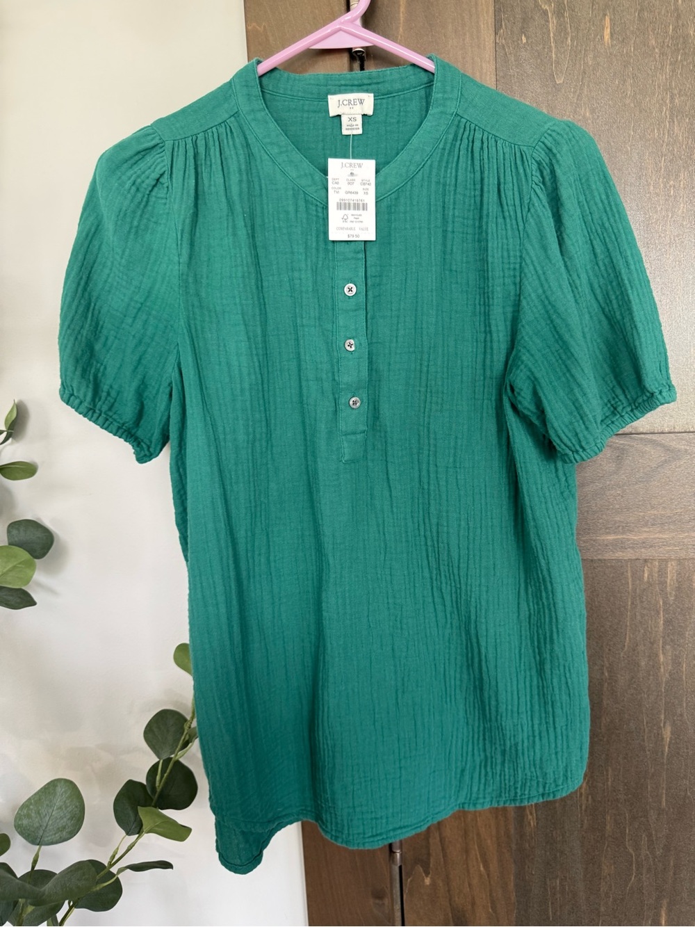 J.Crew Green Gauze Short Sleeve Henley Blouse